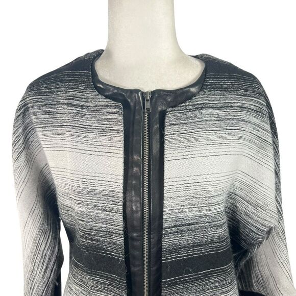 Parker  Coat w Lambs Leather Trim Black & White Stripes Size XSmall Oversized Wo - Picture 3 of 14